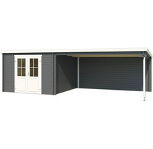 Abri de jardin en bois gris avec double porte et auvent