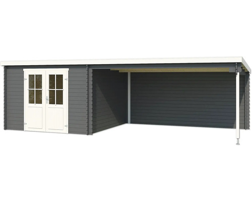 Abri de jardin en bois gris avec double porte et auvent