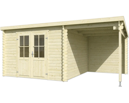 Abri de jardin en bois avec porte double et espace couvert