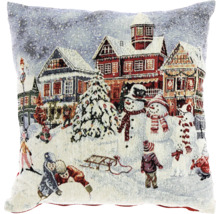 Kissen mit Winterdorfmotiv und spielenden Kindern