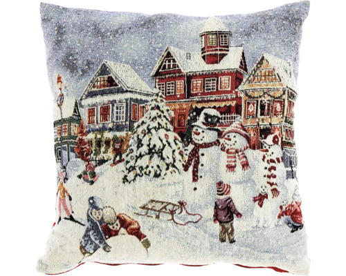 Coussin décoratif Nadina Noël 45x45 cm Coussin avec motif de village d''hiver et enfants qui jouent