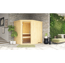 Sauna d''angle en bois avec porte en verre et bancs à l''intérieur