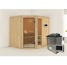 Sauna d''angle avec poêle de sauna et commande pour la détente