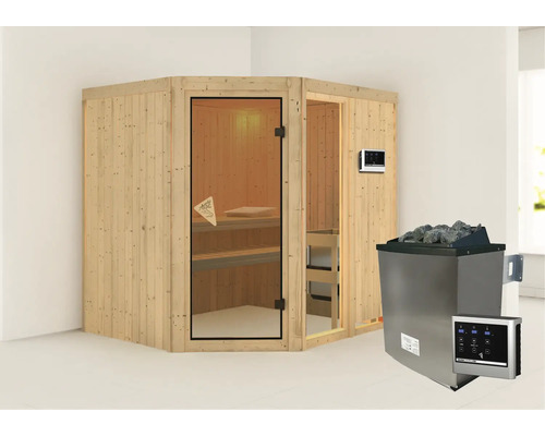 Elementsauna Karibu Siona 2 inkl. 9 kW Ofen u.ext.Steuerung ohne Dachkranz mit bronzierter Ganzglastür