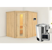 Sauna en bois avec porte en verre et poêle de sauna
