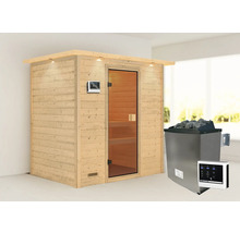Massivholzsauna Karibu Selena inkl.9 kW Ofen u.ext.Steuerung mit Dachkranz und bronzierter Ganzglastüre
