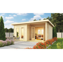 Maison de jardin en bois avec terrasse, mobilier de jardin et plantation