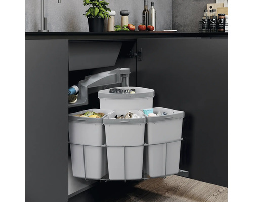 Système de tri des déchets pour armoire de cuisine avec plusieurs récipients pour le tri des déchets.