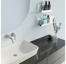 Salle de bain moderne avec lavabo, miroir et étagères murales pour ranger les articles de toilette.