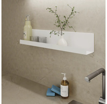 Étagère murale avec boisson, verres, vase et plante au-dessus d''un lavabo avec distributeur de savon et éponge