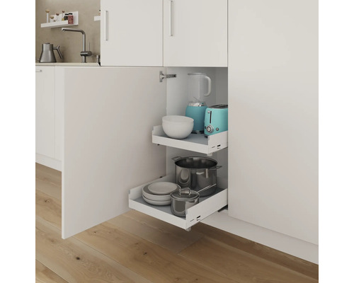 Meuble de cuisine avec étagères coulissantes pour ranger la vaisselle et les ustensiles de cuisine