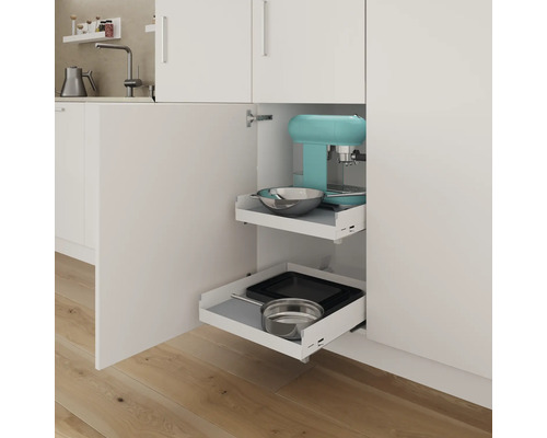 Meuble de cuisine avec étagères coulissantes pour ranger la vaisselle et les ustensiles de cuisine