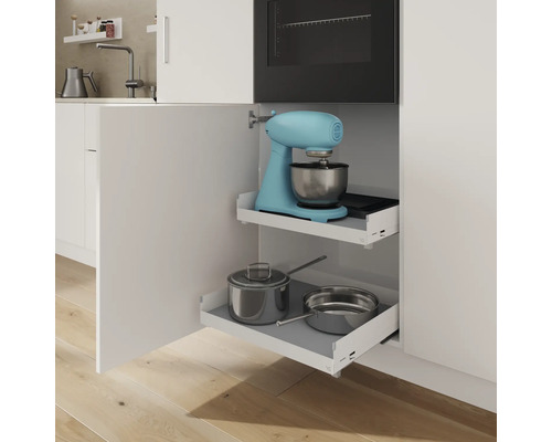 Meuble de cuisine avec tiroirs coulissants pour robot de cuisine et casseroles