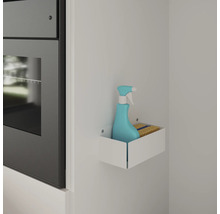 Détergent et éponge dans une étagère murale blanche