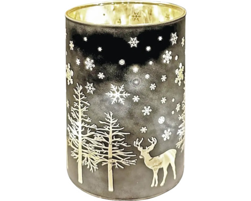 Photophore verre cerf sapin flocon de neige Ø 10 cm h 12.5 cm blanc or Photophore avec motifs hivernaux de sapin, cerf et flocons de neige