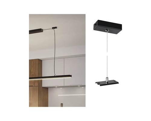 Schwarze LED-Hängeleuchte in Küche und Detailaufnahme der Aufhängung