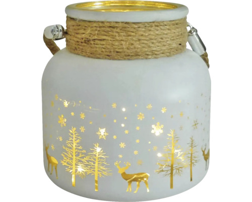 Photophore verre anse cordon avec cerf, sapin et flocons de neige h 12 cm Lanterne décorative en verre avec motifs de cerfs, de sapins et de flocons de neige