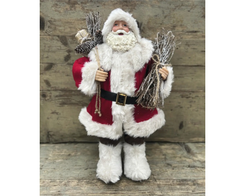 Figurine décorative de Père Noël avec brindille, pommes de pin et cadeaux
