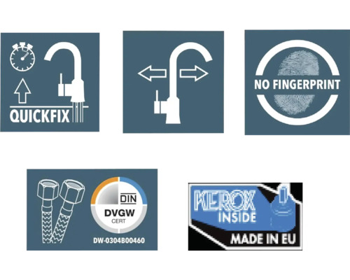 Symbole für Schnellmontage, Schwenkbereich, keine Fingerabdrücke, Deutsches Institut für Normung DVGW Zert, Made in EU