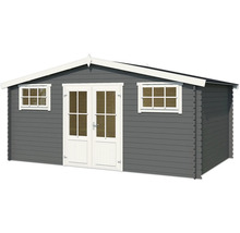 Abri de jardin gris avec double porte et deux fenêtres