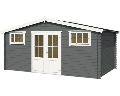 Abri de jardin gris avec double porte et deux fenêtres