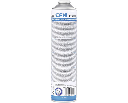 CFH Flacon de gaz comprimé universel AT 2000 600 ml UNEF 7/16“ CFH AT 2000 cartouche de gaz avec 30 % de propane et 70 % de butane