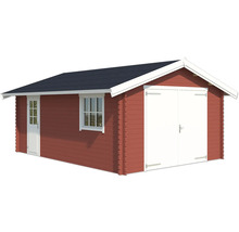 Rotes Gartenhaus mit Doppeltür und Fenster