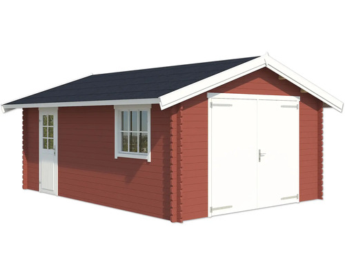 Rotes Gartenhaus mit Doppeltür und Fenster