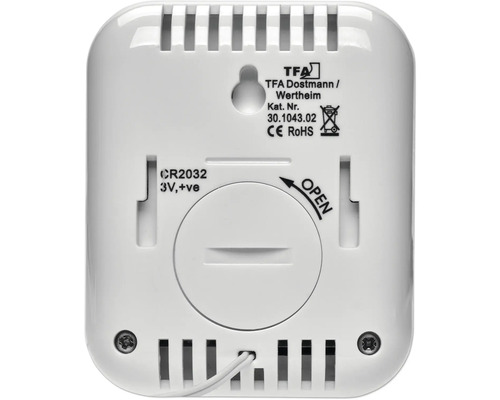 Arrière d''un thermomètre TFA Dostmann avec compartiment à piles et ouvertures de ventilation