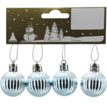Quatre boules de Noël bleu clair côtelées sur carton doré