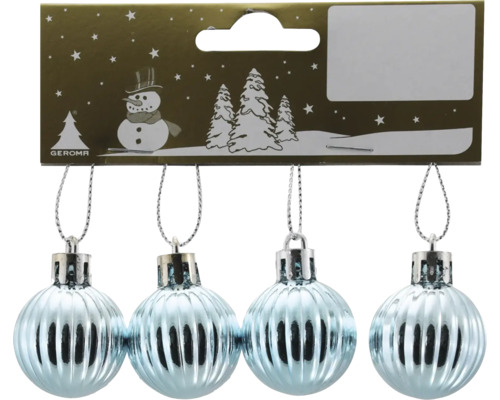Boules pour sapin de Noël en plastique Ø 3 cm 4 pièces bleu clair Quatre boules de Noël bleu clair côtelées sur carton doré