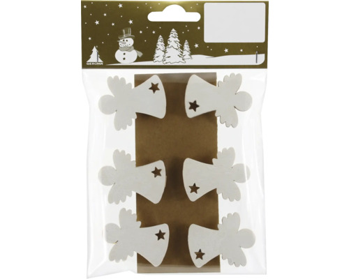 Attaches en bois ange avec étoile bois blanc 6 pièces Paquet de six suspensions en bois en forme d''ange avec découpe en étoile