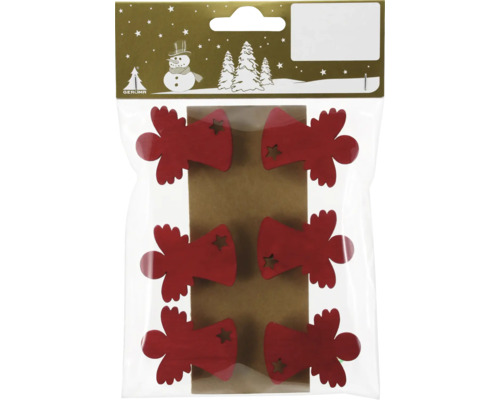 Attaches en bois ange avec étoile bois rouge 6 pièces Emballage de six pendentifs en bois en forme d''ange avec découpe en étoile