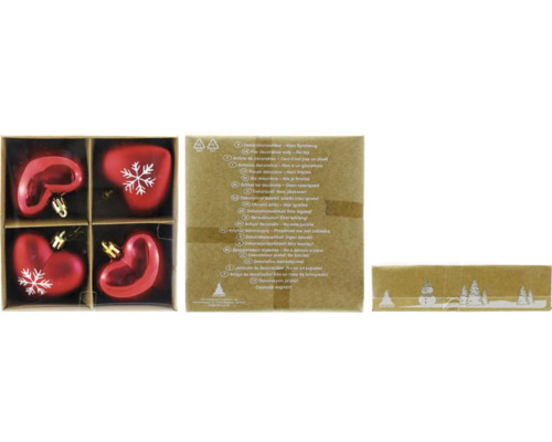 Christbaumschmuck Herzen Ø 6,5 cm 4 Stück rot weiss Set mit vier herzförmigen Christbaumkugeln mit Schneeflockenmuster zur Dekoration