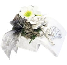 Grabgesteck mit Rose, Helleborusblüten und Schleife