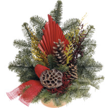 Arrangement décoratif avec des branches de sapin, des pommes de pin et un ruban rouge
