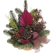 Arrangement de Noël avec des branches de sapin, des pommes de pin et des décorations