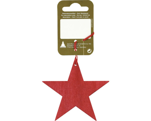 Weihnachtsbaumanhänger Stern Holz 8 x 8 cm rot Roter Holzstern als Dekorationsartikel auf Produktkarte