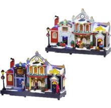 Zwei dekorative Weihnachtsdorf-Miniaturen mit beleuchteten Häusern und Figuren