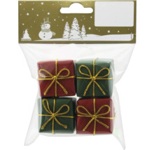 Verpackung mit vier kleinen Geschenkboxen in Rot und Grün mit goldener Schleife als Weihnachtsdekoration