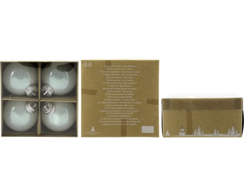 Christbaumkugeln aus Kunststoff Ø 8 cm 4 Stück weiß Glitzer Verpackung mit vier Christbaumkugeln zur Dekoration