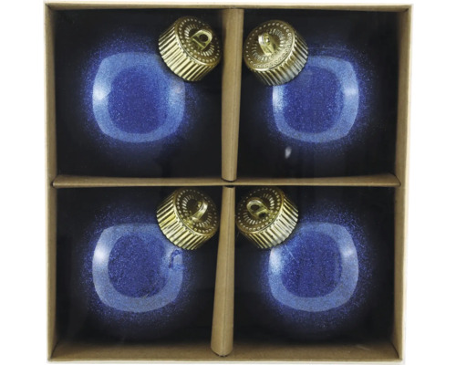 Christbaumkugeln aus Kunststoff Ø 8 cm 4 Stück blau Glitzer Vier blaue Weihnachtskugeln mit goldenen Aufhängern in einer Pappschachtel.