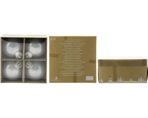 Christbaumkugeln aus Kunststoff Ø 8 cm 4 Stück silber Vier silberne Christbaumkugeln in einer Verpackung