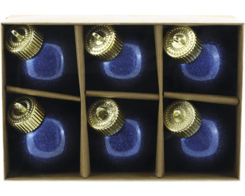 Christbaumkugeln aus Kunststoff Ø 6 cm 6 Stück blau Glitzer Sechs blaue Christbaumkugeln mit goldfarbener Aufhängung in einer Pappbox
