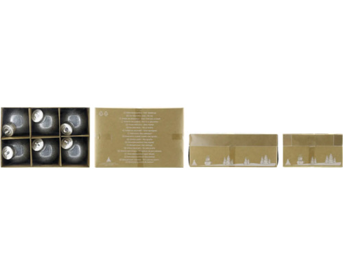Christbaumkugeln aus Kunststoff Ø 6 cm 6 Stück silber Verpackung mit acht silbernen Weihnachtskugeln