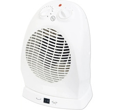 Weisser Heizlüfter mit Reglern und Überhitzungsschutz-Symbol