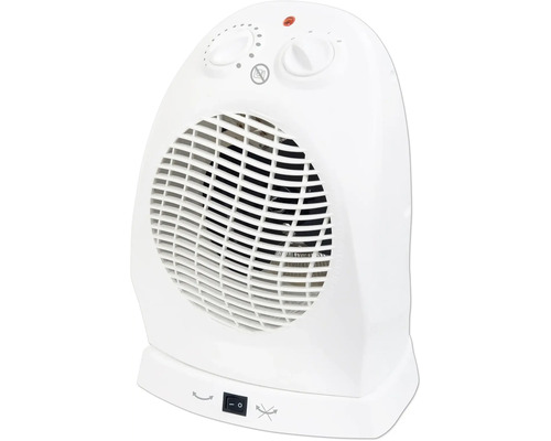 Weisser Heizlüfter mit Reglern und Überhitzungsschutz-Symbol