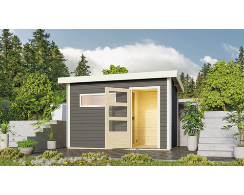 Saunahaus Karibu Topas 1 inkl.9kW Ofen u.ext.Steuerung mit Vorraum und Holztüre mit Isolierglas wärmegedämmt terragrau/weiß