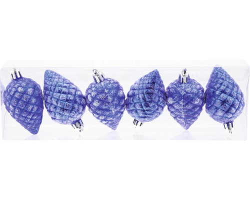 Sechs blaue, glitzernde Tannenzapfen-Weihnachtsbaumkugeln in einer Verpackung