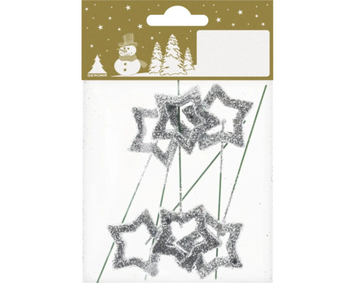 Weihnachtsdeko Sterne aus Draht 6 Stk. silber Glitzersterne am Stab zur Dekoration